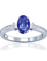 14K White Gold Oval Cut Blue Sapphire Ring With Sidestones