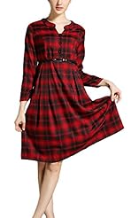 A-line V-neck Acrylic/Polyester Empire   Waistline Plaid Print Midi Dress 