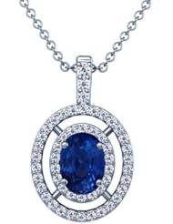 Platinum Oval Cut Blue Sapphire And Round Diamond Pendant