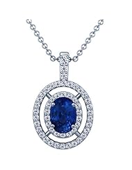 18K White Gold Oval Cut Blue Sapphire And Round Diamond Pendant