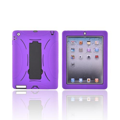 Purple Black Silicone Over Hard Plastic Case Cover w Stand For Apple iPad 2