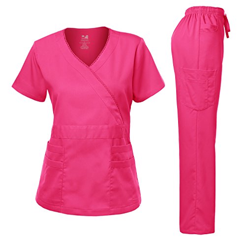 Scrub Set Stretch and YNeck Lace Trim Top and Pants Hot Pink XS Business Industrial Medical Scrubs