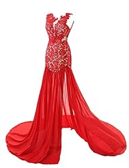 Sexy V-neck Lace Slit Chiffon Evening Dress/Prom Dress  with a Court Train 