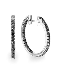 1.25 Carat (ctw) Sterling Silver Black Round Diamond Ladies Hoop Earrings 1 1/4 CT