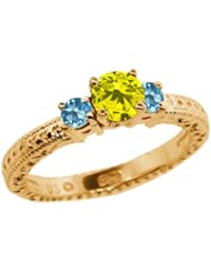 0.85 Ct Round Canary Diamond Swiss Blue Topaz 18K Yellow Gold 3-Stone Ring
