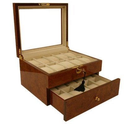 Watch Box Storage Chest For 20 Watches Burlwood Finish Inlaid Top With Lock & Key