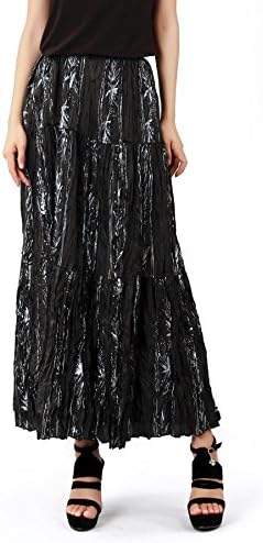Larandi Women's Retro Elastic Pleated Crinkle Silk Long Maxi Skirt M Black