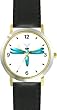 Teal or Indigo Dragonfly or Dragon Fly - JP - WATCHBUDDY&reg; DELUXE TWO-TONE THEME WATCH - Arabic Numbers - Black Leather Strap-Size-Women's Size-Small