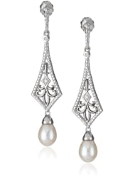 Sterling Silver Freshwater Cultured Pearl and Diamond Art Deco Drop Earrings
