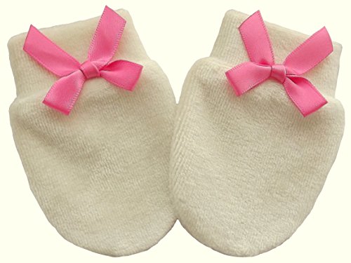 Organic Cotton / Bamboo Velour Newborn Baby Anti Scratch Mittens Handmade (0-3 Months, Cream/ Rose Bow)