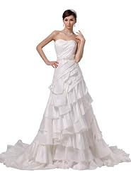 A-line Strapless Ruched Tiered Beaded Taffeta Spring Fall Winter Sweetheart Wedding Dress  with a Chapel Train 