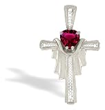 14K White Gold Heart Created Ruby and Diamond Cross Pendant