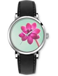SPRAWL Aanalog Fashion Series Silver Ladies Watches of Genuine Black Leather Strap,Unique Wrist Watch for Women Girls Designed with Pink flower on green background