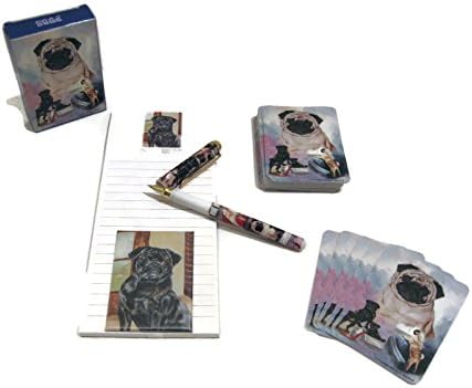 Love My Dog! Gift Set - 4 Piece Bundle- One Custom Fine Art Writing Pen, One Matching Magnetic List Pad, One Matching Decorative Magnet, One Matching Deck Playing Cards (Pug Black)