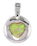 Sterling Silver Heart Pendant, Inlaid w/ Lab Opal, 1/2 inch (12 mm) Diameter,