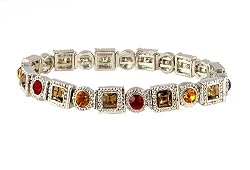 Bracelet - B221 - Swarovski (tm) Crystal Stones - Square and Round Shape - Stretch ~ Smoky Topaz, Siam & Topaz (Brown/Gold and Red)