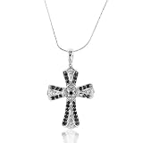 White and Treated Black Diamond Sterling Silver Cross Pendant w/ 18 Chain