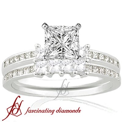 .75 Ct Princess Cut Diamond 3 Stone Wedding Rings Set