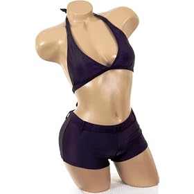 Cute Sexy Bathing Suit Solid Black Boyshorts Swimwear Two Piece Halter Bikini Swimsuit