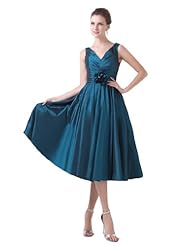 A-line V-neck Tea Length Sleeveless Taffeta Ruched Bridesmaid Dress/Party Dress 