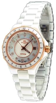 Oniss #ON8202-LRG7 Women's Rose Gold Trim Diamond Marker White Ceramic Watch
