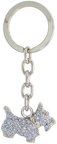 Palladium Plated Dog "Puppy" Key Chain ( Key Ring / Key Holder / Key Tag / Key Fob ), w/ Brilliant Cut Blue Topaz-colored Swarovski Crystals, 3" tall