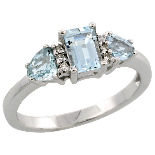 14k White Gold Ladies\' Stone Ring, w/ Brilliant Cut Diamonds, Trilliant Cut (4mm) & Emerald Cut (6x4mm) Aquamarine Stones, 1/4 in. (6.5mm) wide, size 8.5