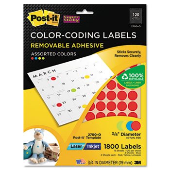 New-Post-it Super Sticky 2700O - Super Sticky Removable Color-Coding Label, 3/4in Dia, Assorted, 1800 Labels/Pack - MMM2700O
