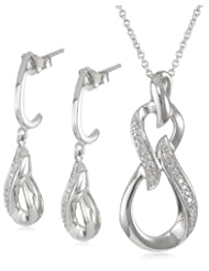 Sterling Silver Diamond Twist Shape Pendant and Earrings Box Set (1/10 Cttw, I-J Color, I2-I3 Clarity), 18"