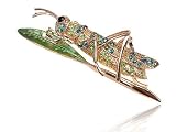 Peridot Green Crystal Rhinestone Grasshopper Locust Leaf Silver Tone Pin Brooch