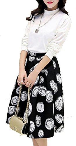 秋冬物 レディース 長袖 シャツ ハイネック フレア 柄スカート 清楚 ツーピース セットアップ ナチュラル ガーリー ビジネス カジュアル 大人 オリジナルアクセサリー付属 EVM0344