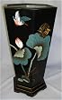 Lotus and kingfisher bird design umbrella stand, tin lined, handpainted black crackle finish