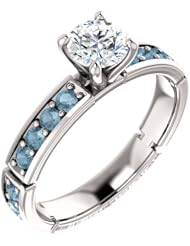 10K White Gold Round Cut White and Blue Diamond Ring -- LIFETIME WARRANTY