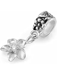 Chuvora Sterling Silver Flower Dangle with White CZ Bead Charm Fits Pandora Bracelet
