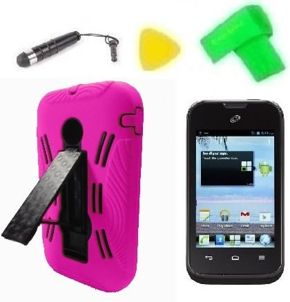 Heavy Duty Hybrid Phone Case Cover Cell Phone Accessory + Extreme Band + Stylus Pen + LCD Screen Protector + Yellow Pry Tool for Straight Talk TracFone Huawei H868C H8686C (Pink/Black)