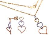 14K Tri-Color Gold and Diamond Heart Dangle Earrings and Pendant Set