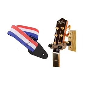 String Swing Wood Guitar Wall Hanger, OAK with Bonus Guitar Strap, RED WHITE BLUE by 