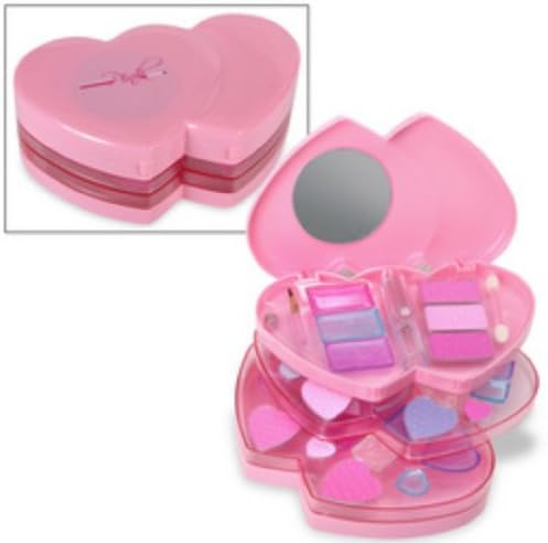 Double Heart Case Pretend Play Toy Makeup Kit For Kids - 1 4-Layered Heart Makeup Swivel Palette, 1 Zipper Pouch Plus Disney Princess Stickers