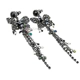 Butterfly Earrings Long Tassel Black With Austrian Crystals