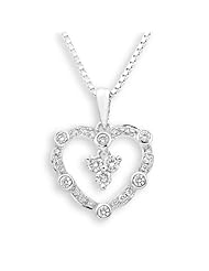 18K White Gold Vintage Style Diamond Accents Heart Dangle Pendant W/925 Sterling Silver Necklace 16" (3/10 cttw, G-H Color, VS2-SI1 Clarity)