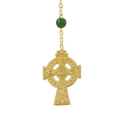 Celtic Rosary - Gold Toned Irish Celtic Cross with Green Glass Shamrock Beads and Enameled St. Patrick Medal Attached