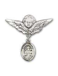 Sterling Silver Baby Badge with St. Joseph Charm and Angel with Wings Badge Pin