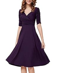 Sexy V-neck Puff Sleeves Vintage Ruched Cocktail Club Dress/Party Dress 