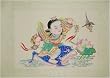 Vintage Oriental Watercolor Painting on Silk - Prosperity and Fortune, Chinese Boy with Feng Shui Coins and Lotus