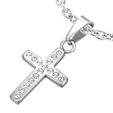 New Ladies Polished Stainless Steel Cross Pendant With CZ Stones & Chain - Length 50cms