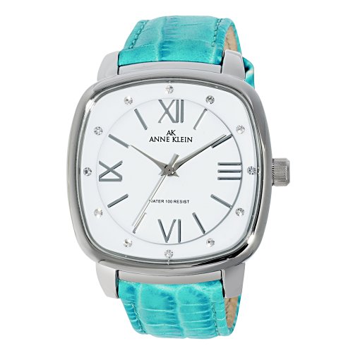 AK Anne Klein Women's 109625WTTQ Swarovski Crystal Silver-Tone Turquoise Croco-Grain Leather Strap Watch