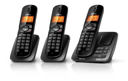 Philips CD1753B DECT Trio ECO schnurloses Telefon mit Anrufbeantworter (beleuchtetes alphanumerisches Display, inkl. 2 Zusatzhörer mit Ladeschale, CLIP Funktion)