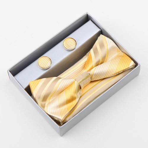 Yellow Stripes Silk Pre-tied Bowtie, Cufflinks,Handkerchiefs Present Box Set Yellow cheap Bowties for men Pointe BT2074