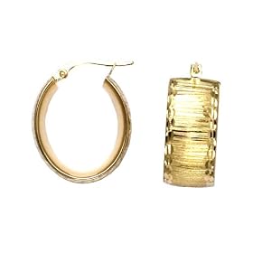 14k Yellow Gold Brushed Finish Design Oval Hoop Earrings With Diamond-Cut Edge by