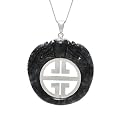 Sterling Silver Charcoal Jade Double Dragon "Longevity Character" Pendant on Chain, 18"